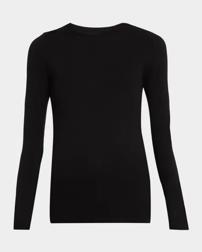 Majestic Soft Touch Flat-edge Long-sleeve Crewneck Top In Black