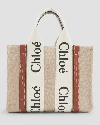 Chloé Woody Small Tote Bag In Linen With Crossbody Strap In Multi