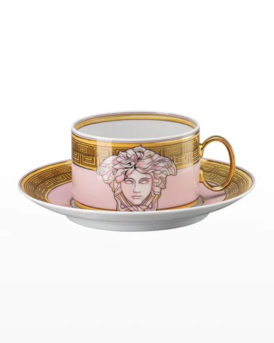 Versace Medusa Amplified Pink Coin Tea Cup And Saucer In Multi