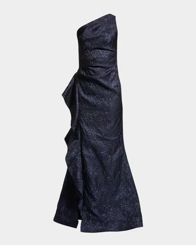 Rickie Freeman For Teri Jon One-shoulder Jacquard Side-ruffle Gown In Blue