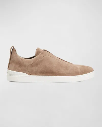 Zegna Neutral Triple Stitch Suede Sneakers In Neutrals