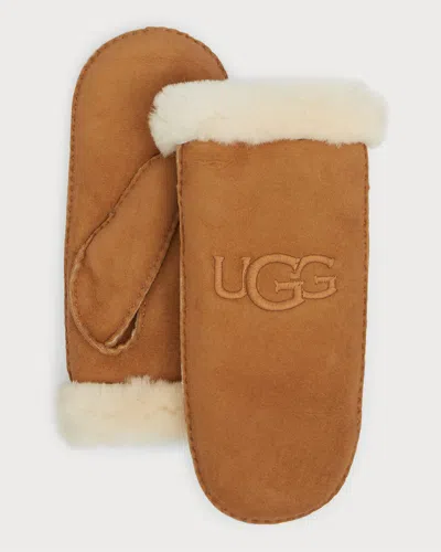 Ugg Logo Shearling Mittens In Brown