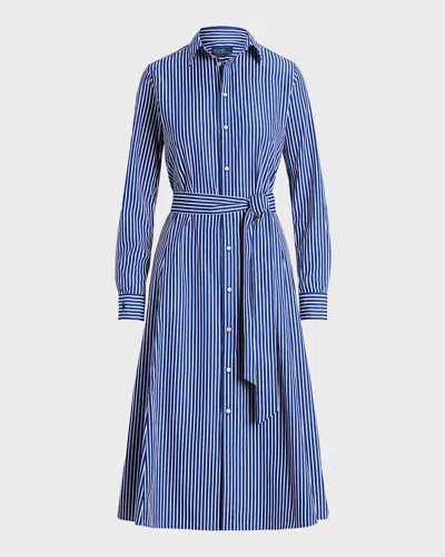 Polo Ralph Lauren Belted Striped Cotton Shirtdress In Blue
