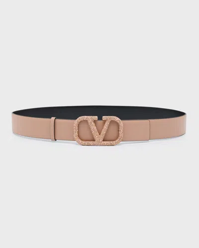 Valentino Reversible Embellished Vlogo Signature Leather Belt, 40mm In Brown