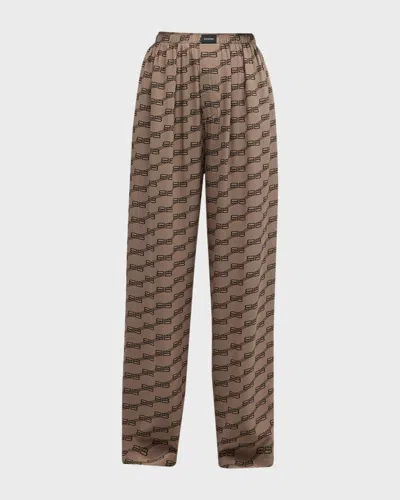 Balenciaga Bb Logo Straight-leg Silk Pajama Pants In Brown