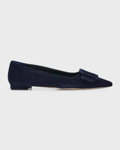 Manolo Blahnik Maysale Suede Buckle Ballerina Flats In Blue