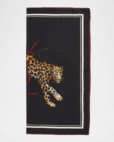 Saint Laurent Leopard Cashmere-blend Square Scarf In Black