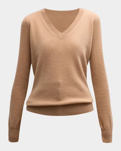 Neiman Marcus Cashmere Classic V-neck Sweater In Brown