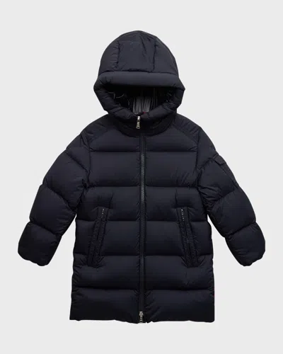 Moncler Boy's Marat Striped Trim Long Parka In Blue