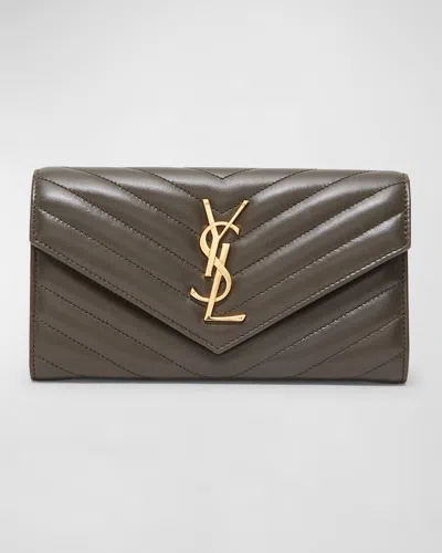 Saint Laurent Ysl Monogram Large Envelope Flap Wallet In Smooth Leather In Brown