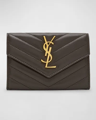 Saint Laurent Ysl Monogram Small Flap Wallet In Smooth Leather In Brown