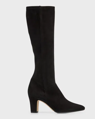Manolo Blahnik Pitana Suede Block-heel Knee Boots In Black