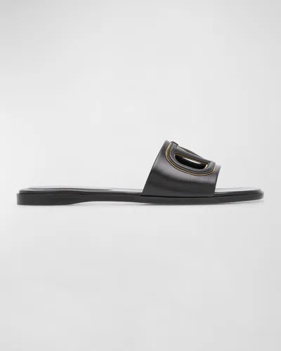 Valentino Vlogo Leather Cutout Flat Slide Sandals In Black