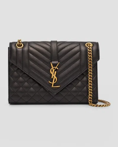 Saint Laurent Envelope Triquilt Medium Ysl Shoulder Bag In Smooth Quilted Leather In Black