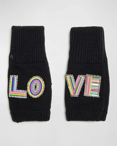 Jocelyn Embellished Love Knit Wool-blend Fingerless Gloves In Black