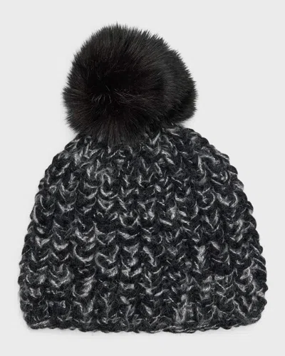 Surell Accessories Chunky Crochet Knit Beanie With Faux Fur Pom In Black