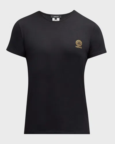 Versace Black Crewneck T-shirt With Medusa Logo Print In Stretch Cotton Man