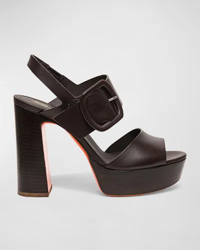 Santoni Bruxel Leather Buckle Platform Sandals In Brown