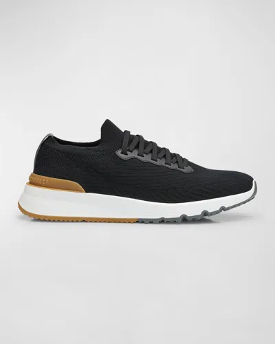 Brunello Cucinelli Cotton Knit And Semi-polished Calfskin Runner Sneakers In Black