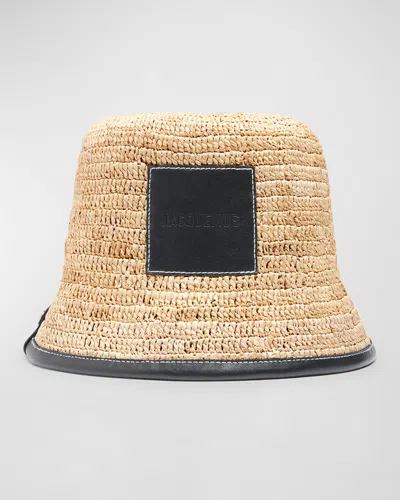 Jacquemus Le Bob Soli Raffia & Black Leather Bucket Hat In Black