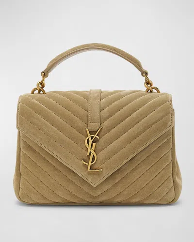 Saint Laurent College Medium Flap Ysl Shoulder Bag In Quilted Suede