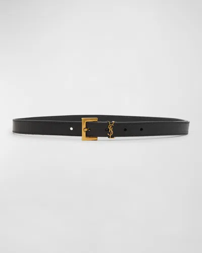Saint Laurent Cassandre Ysl Thin Leather Belt In Black