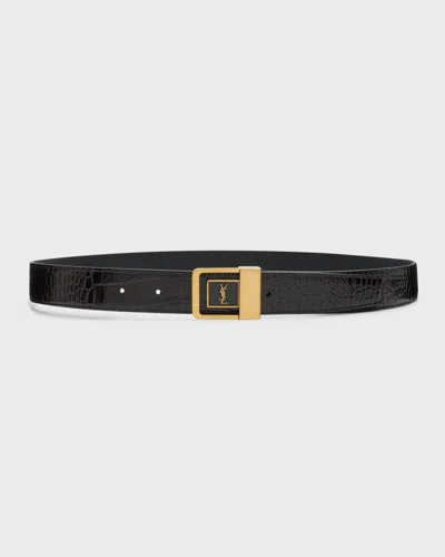 Saint Laurent Croc-embossed Leather Square Buckle Belt In Brown