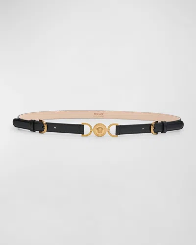 Versace Medusa 95 Skinny Leather Belt In Black
