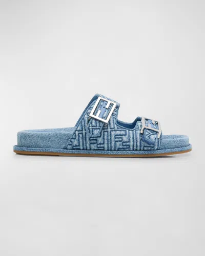 Fendi Ff Embroidered Denim Dual Buckle Slide Sandals In Blue