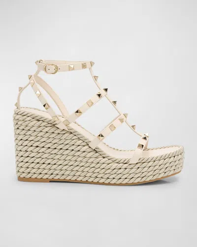 Valentino Rockstud Caged Wedge Espadrille Sandals In Brown