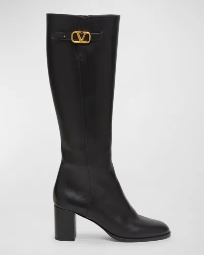 Valentino Leather Knee High Boots With V Logo In Black