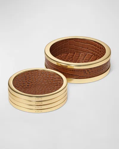 Aerin Colette Croc-embossed Leather Coasters, Set Of 4 In Brown