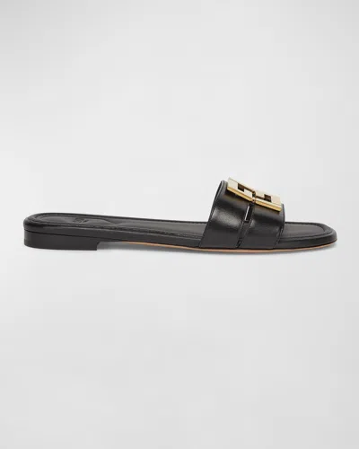 Fendi Ffold Leather Flat Sandals In Black