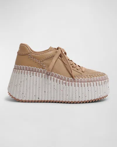 Chloé Nama Mixed Leather Stitch Platform Sneakers In Brown