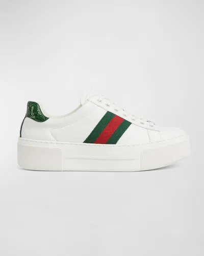 Gucci Ace Web Mixed Leather Sneakers In White