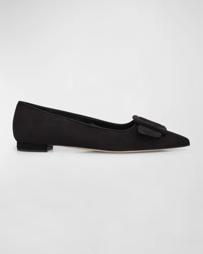Manolo Blahnik Maysale Suede Buckle Ballerina Flats In Black