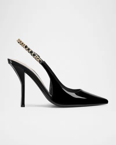 Gucci Signoria Patent Chain Slingback Pumps In Black