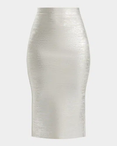 Herve Leger Elena Metallic Midi Pencil Skirt In Gray