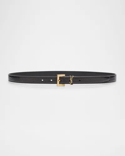 Saint Laurent Cassandre Ysl Croc-embossed Leather Belt In Black