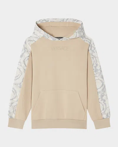 Versace Boy's Logo-print Hoodie W/ Barocco-trim In Brown
