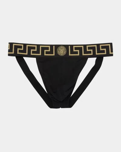 Versace Stretch Cotton Jock Strap With Medusa Greca Logo In Black Gold