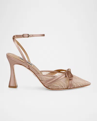 Badgley Mischka Josie Silk Lace Bow Ankle-strap Pumps In Neutral