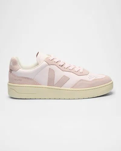 Veja V-90 Bicolor Mixed Leather Low-top Sneakers In Pink