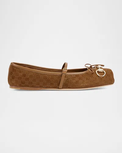 Gucci Gg Suede Horsebit Mary Jane Ballerina Flats In Brown