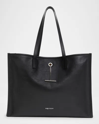 Alexander Mcqueen Men's T-bar Pendant Leather Tote Bag In Black