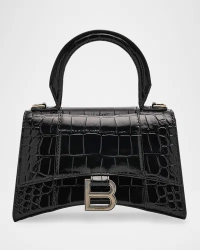 Balenciaga Hourglass Xs Croc-embossed Bag In Black