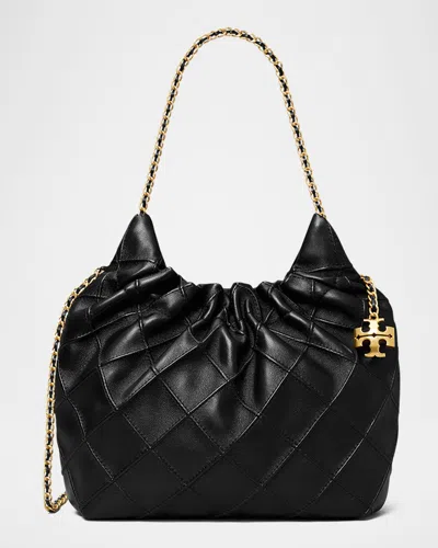 Tory Burch Fleming Mini Quilted Leather Hobo Bag In Black