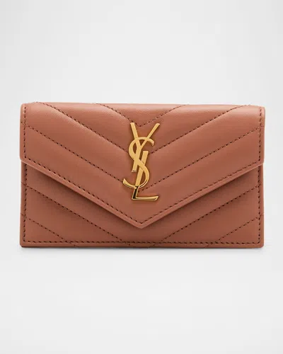 Saint Laurent Cassandre Ysl Quilted Leather Fragments Card Holder In Brown