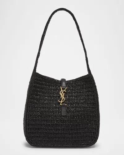 Saint Laurent Le 5 A 7 Small Ysl Hobo Bag In Raffia In Black