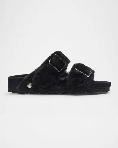 1774 Birkenstock Arizona Shearling Dual-buckle Slide Sandals In Black